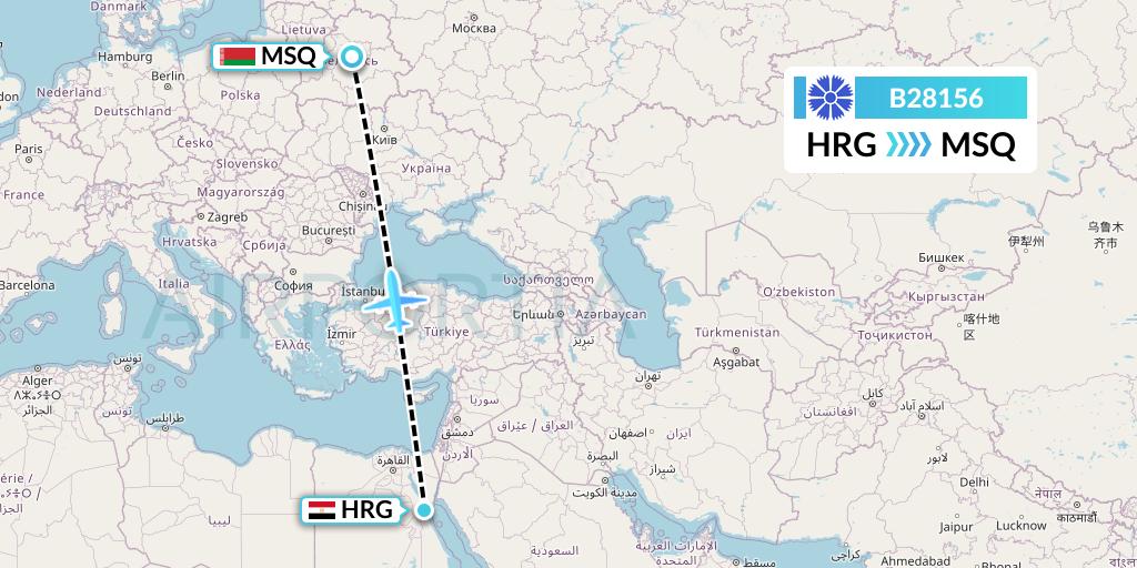 B28156 Belavia Flight Map: Hurghada to Minsk