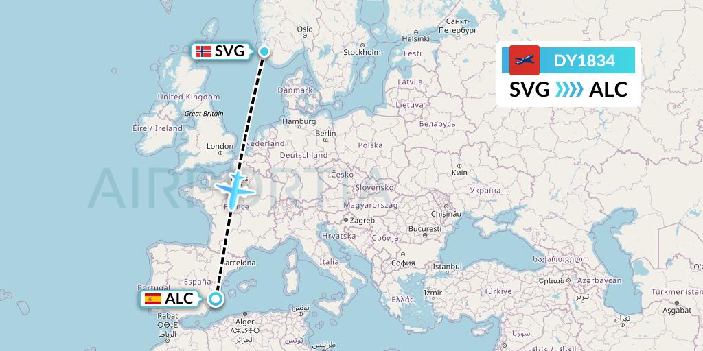 DY1834 Norwegian Flight Map: Stavanger to Alicante