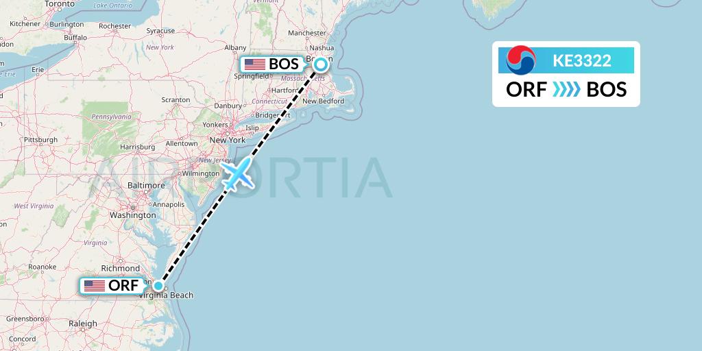 KE3322 Korean Air Flight Map: Norfolk to Boston