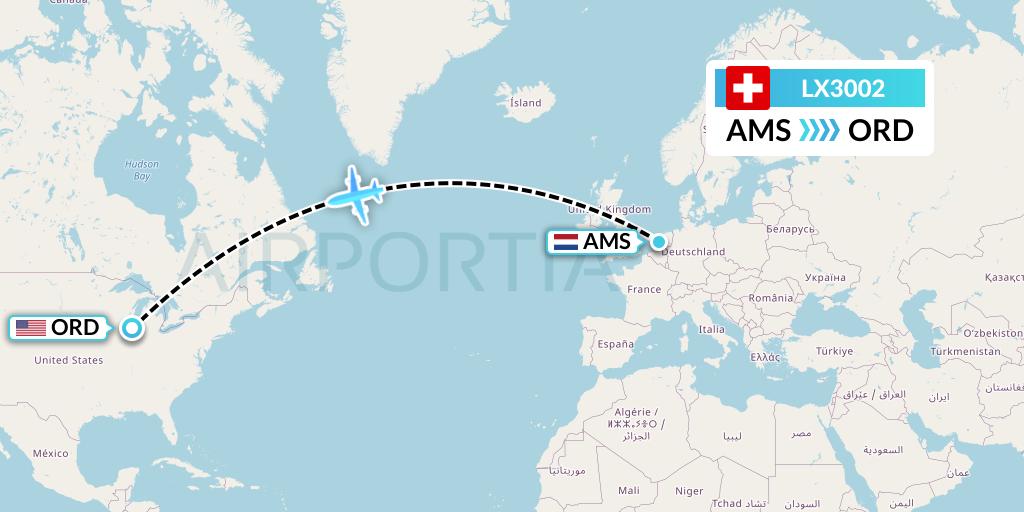 LX3002 Swiss Flight Map: Amsterdam to Chicago
