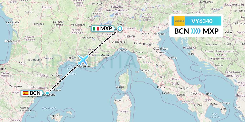 VY6340 Vueling Flight Map: Barcelona to Milan