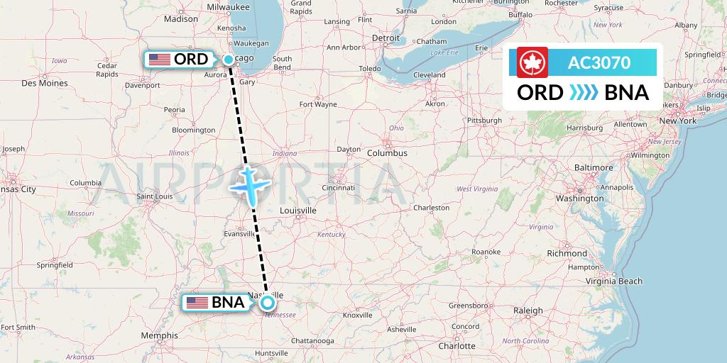 AC3070 Air Canada Flight Map: Chicago to Nashville