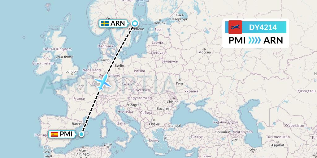 DY4214 Norwegian Flight Map: Palma de Mallorca to Stockholm