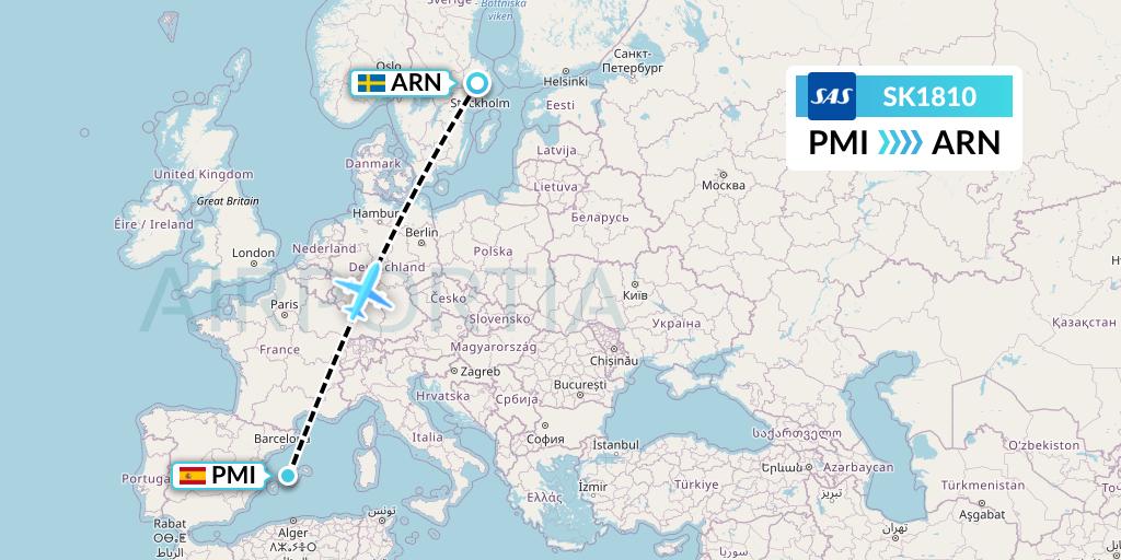 SK1810 SAS Flight Map: Palma de Mallorca to Stockholm