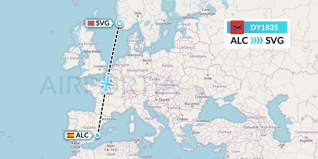 DY1835 Norwegian Flight Map: Alicante to Stavanger