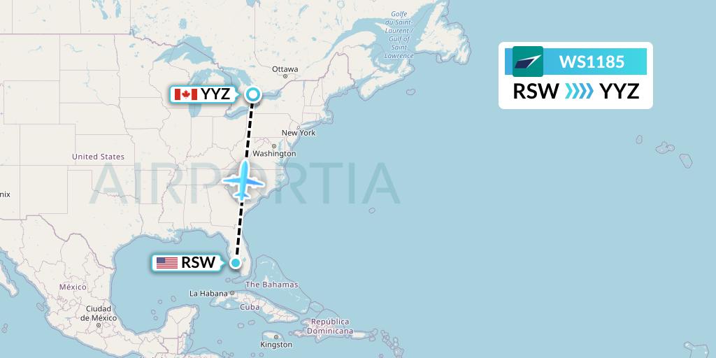 WS1185 WestJet Flight Map: Fort Myers to Toronto