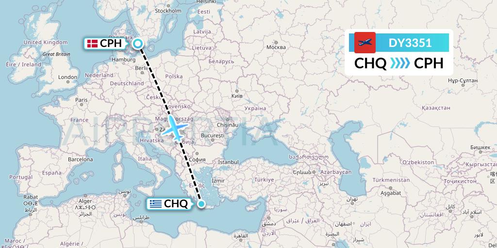 DY3351 Norwegian Flight Map: Chania to Copenhagen