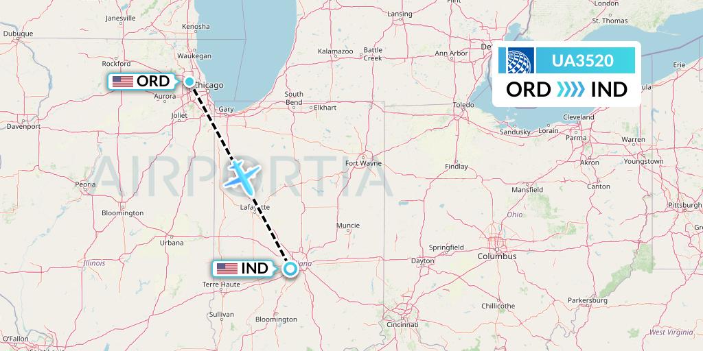UA3520 United Airlines Flight Map: Chicago to Indianapolis