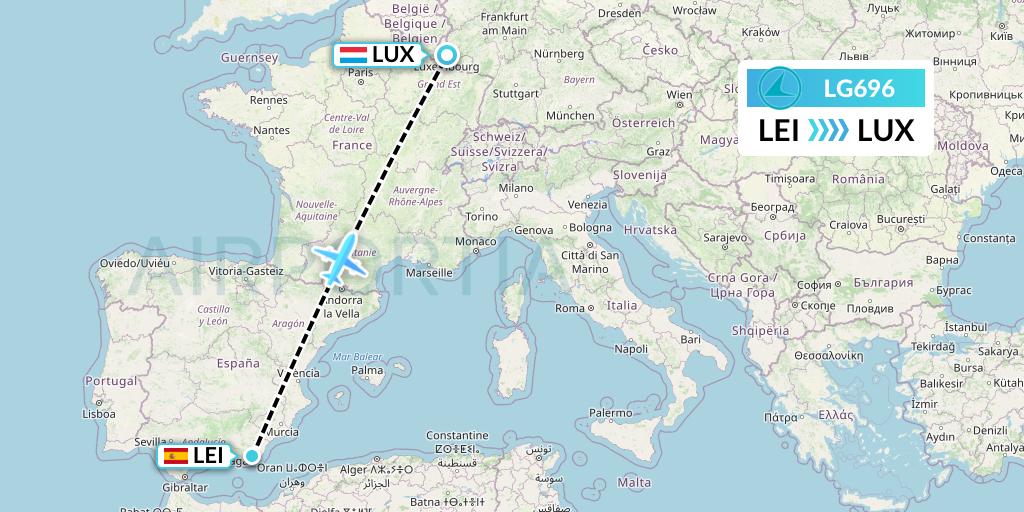 LG696 Luxair Flight Map: Almeria to Luxembourg