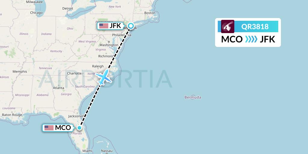 QR3818 Qatar Airways Flight Map: Orlando to New York