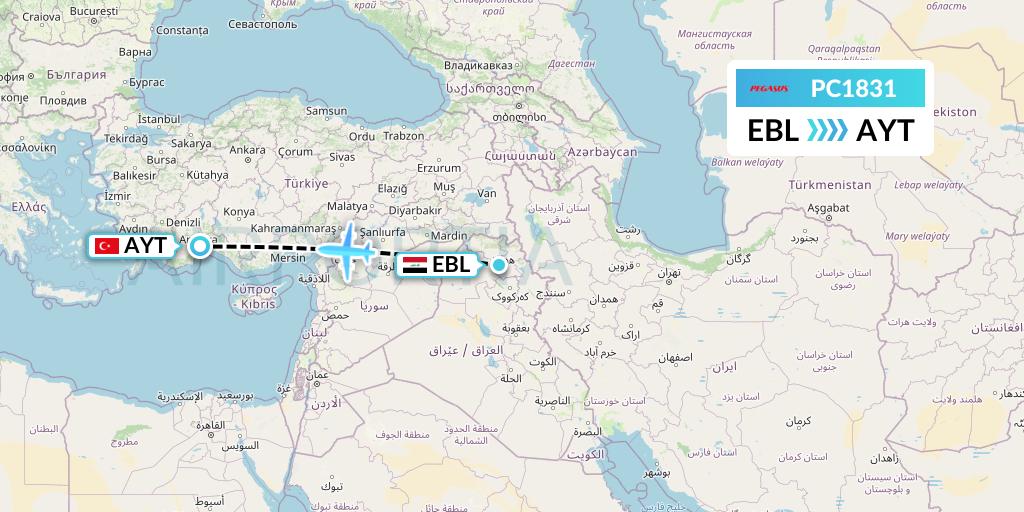PC1831 Pegasus Airlines Flight Map: Arbil to Antalya