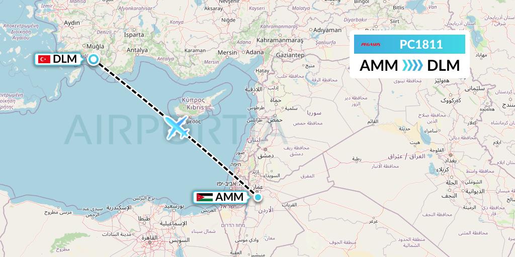 PC1811 Pegasus Airlines Flight Map: Amman to Dalaman