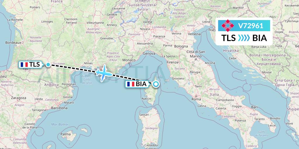 V72961 Volotea Flight Map: Toulouse to Bastia