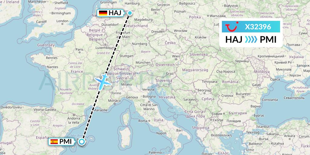 X32396 TUI fly Germany Flight Map: Hannover to Palma de Mallorca