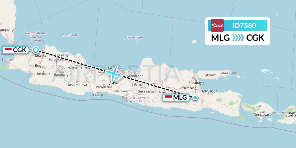 ID7580 Batik Air Flight Map: Malang to Jakarta