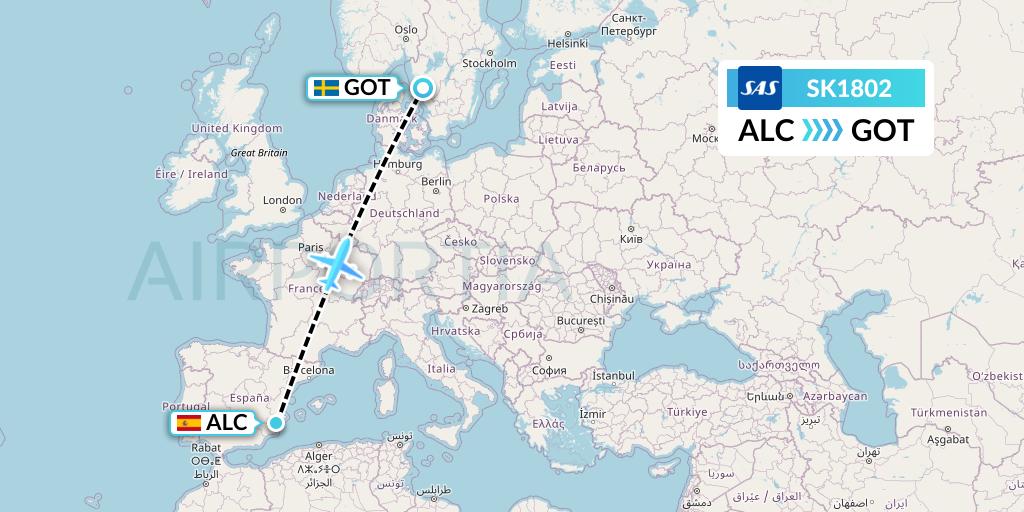 SK1802 SAS Flight Map: Alicante to Gothenburg