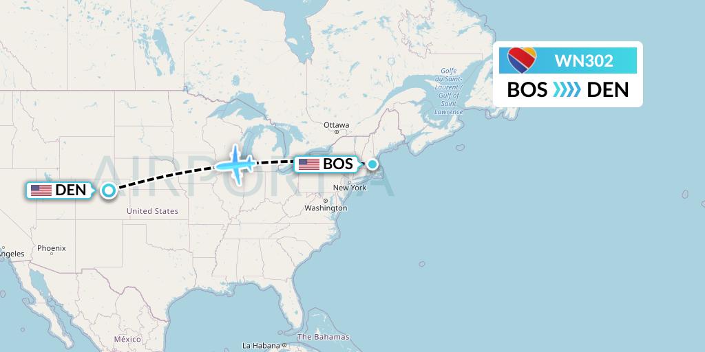 WN302 Southwest Airlines Flight Map: Boston to Denver
