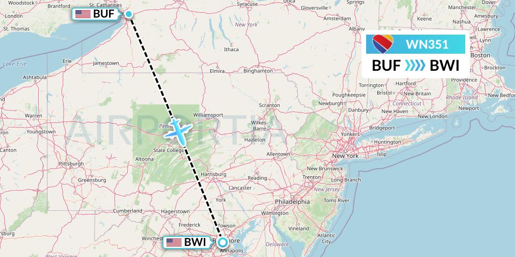 WN351 Southwest Airlines Flight Map: Buffalo to Baltimore