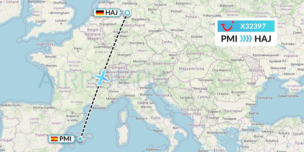 X32397 TUI fly Germany Flight Map: Palma de Mallorca to Hannover
