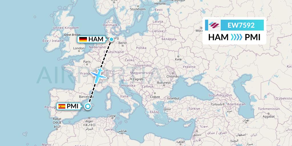 EW7592 Eurowings Flight Map: Hamburg to Palma de Mallorca