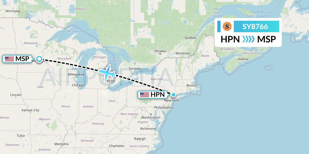 SY8766 Sun Country Airlines Flight Map: White Plains to Minneapolis