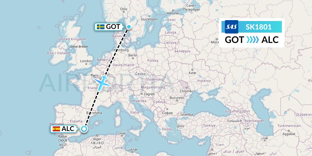 SK1801 SAS Flight Map: Gothenburg to Alicante