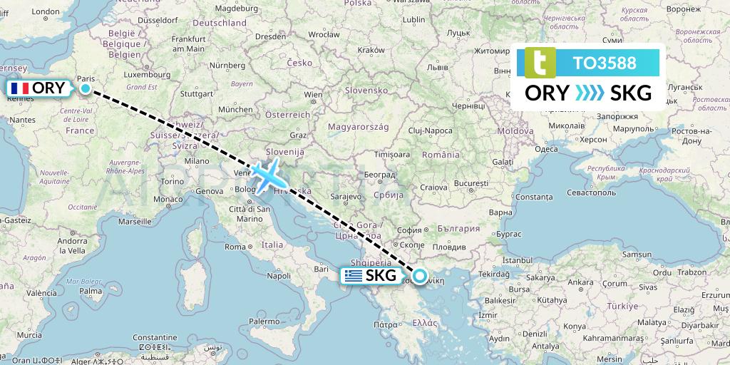 TO3588 Transavia France Flight Map: Paris to Thessaloniki
