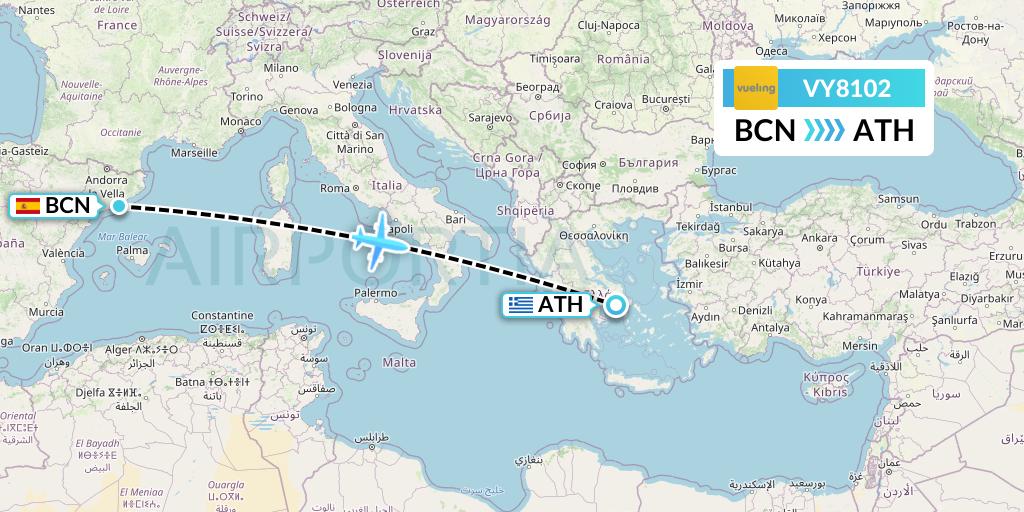 VY8102 Vueling Flight Map: Barcelona to Athens