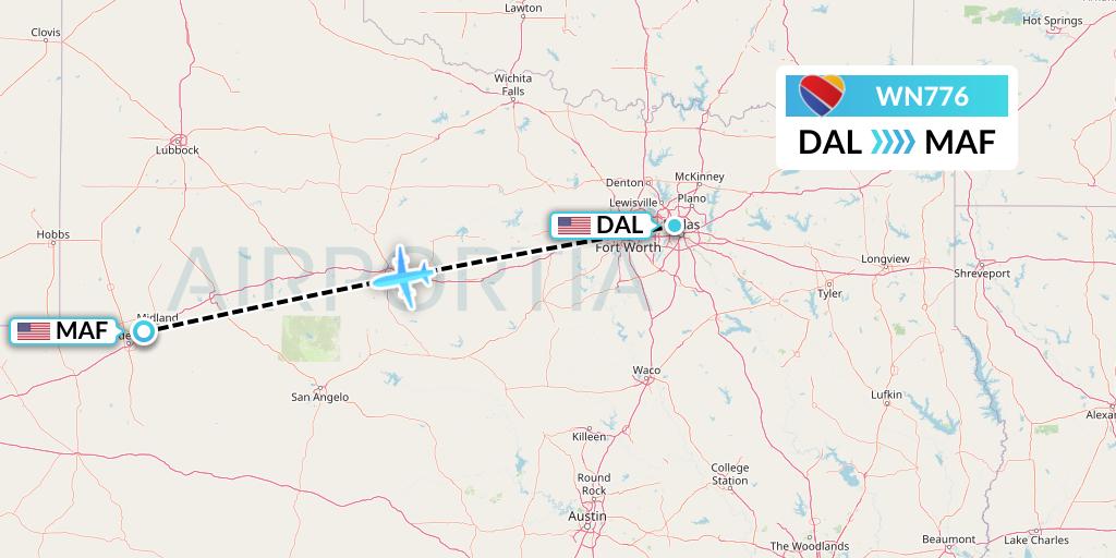WN776 Southwest Airlines Flight Map: Dallas to Midland