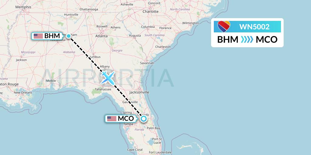 WN5002 Southwest Airlines Flight Map: Birmingham to Orlando