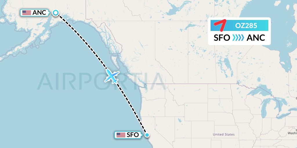 OZ285 Asiana Airlines Flight Map: San Francisco to Anchorage