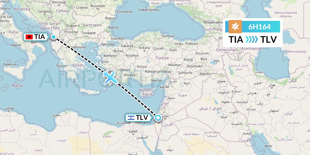 6H164 Israir Airlines Flight Map: Tirana to Tel Aviv