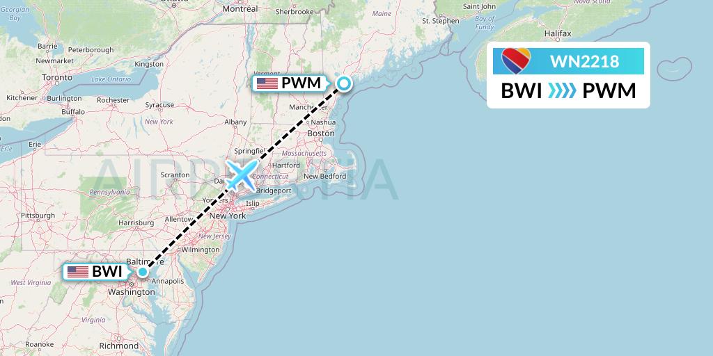 WN2218 Southwest Airlines Flight Map: Baltimore to Portland