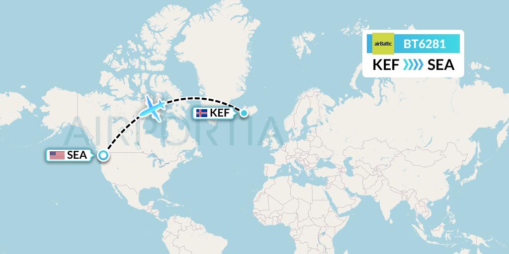 BT6281 airBaltic Flight Map: Reykjavik to Seattle