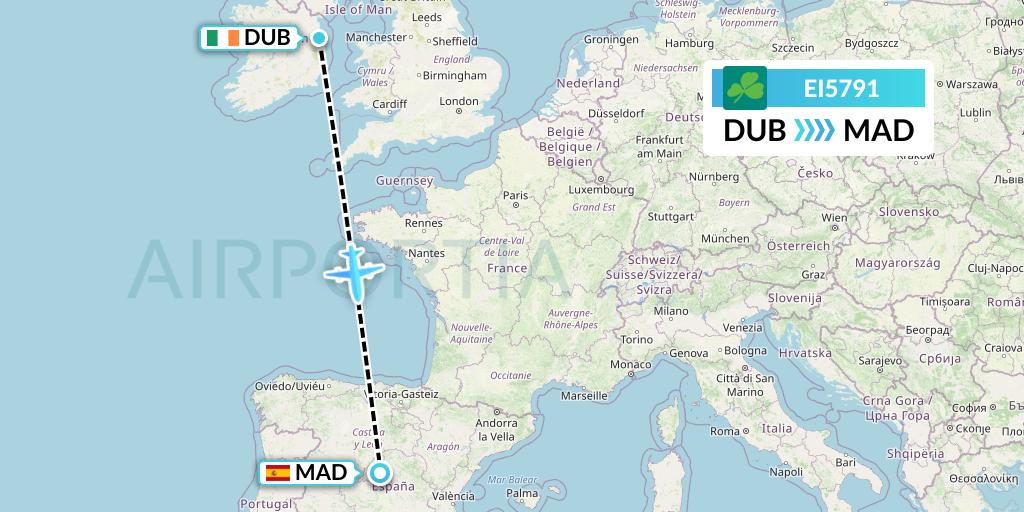 EI5791 Aer Lingus Flight Map: Dublin to Madrid