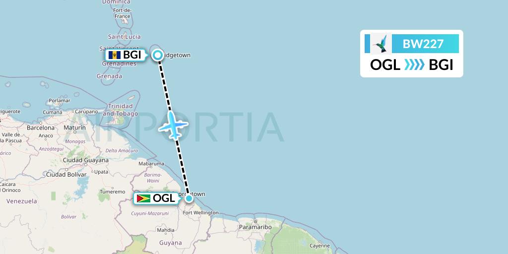 BW227 Caribbean Airlines Flight Map: Georgetown to Bridgetown