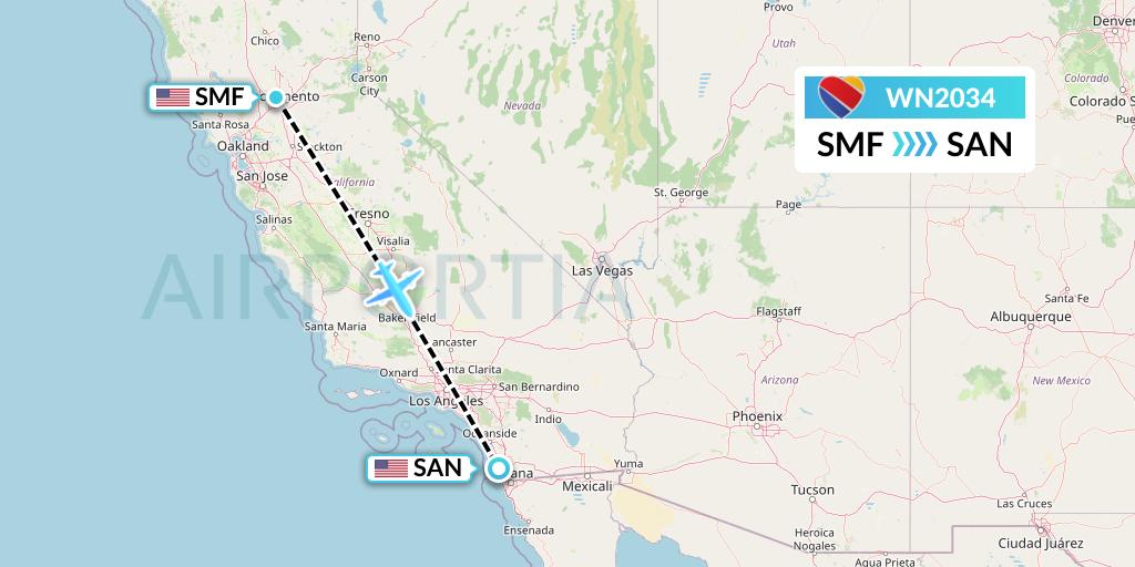WN2034 Southwest Airlines Flight Map: Sacramento to San Diego