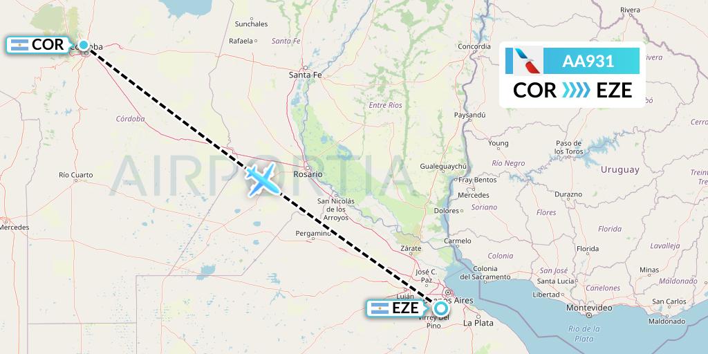 AA931 American Airlines Flight Map: Cordoba to Buenos Aires
