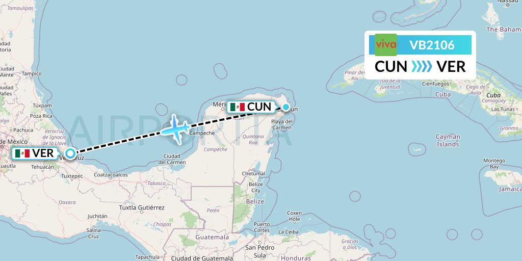 VB2106 VivaAerobus Flight Map: Cancun to Veracruz