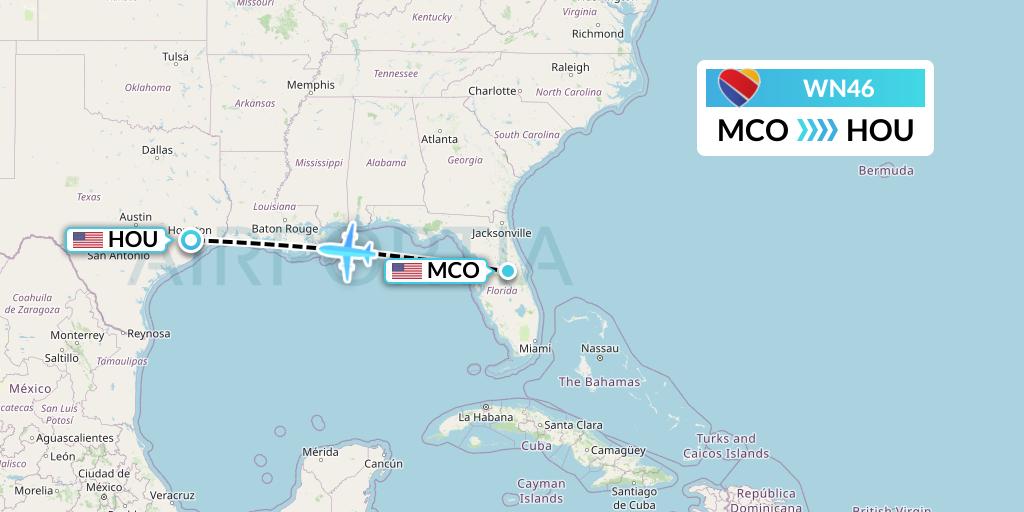 WN46 Southwest Airlines Flight Map: Orlando to Houston