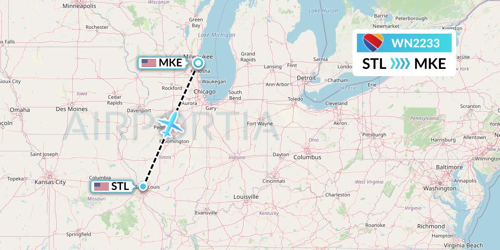 WN2233 Southwest Airlines Flight Map: St. Louis to Milwaukee