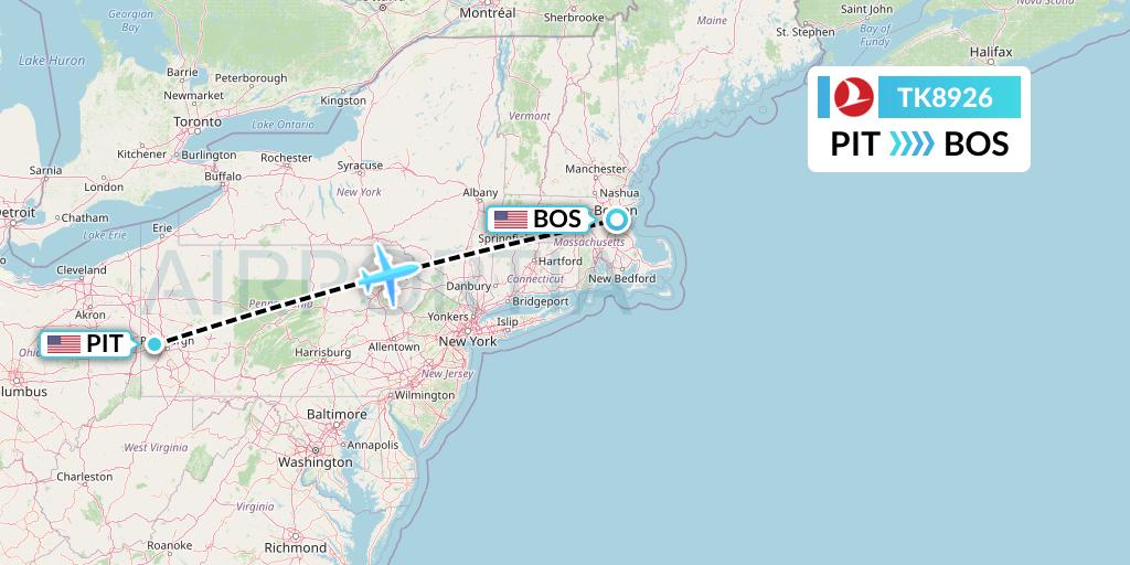TK8926 Turkish Airlines Flight Map: Pittsburgh to Boston