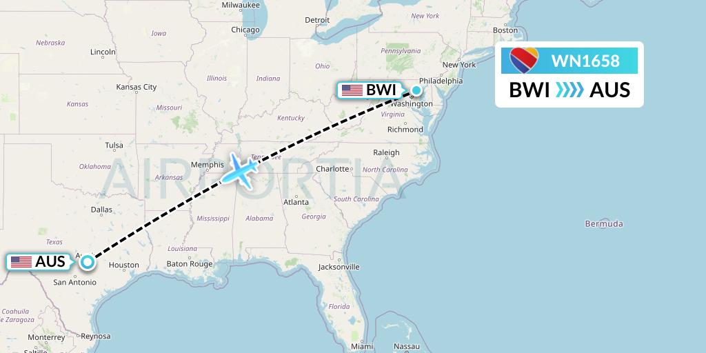 WN1658 Southwest Airlines Flight Map: Baltimore to Austin