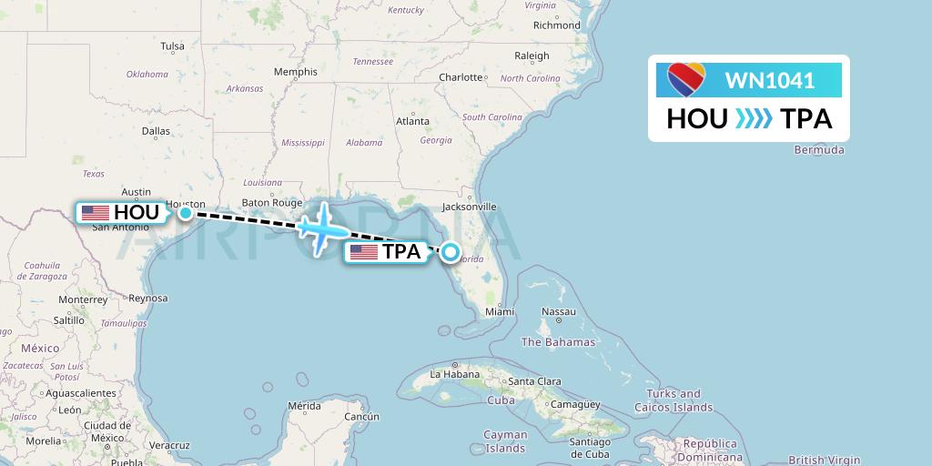 WN1041 Southwest Airlines Flight Map: Houston to Tampa