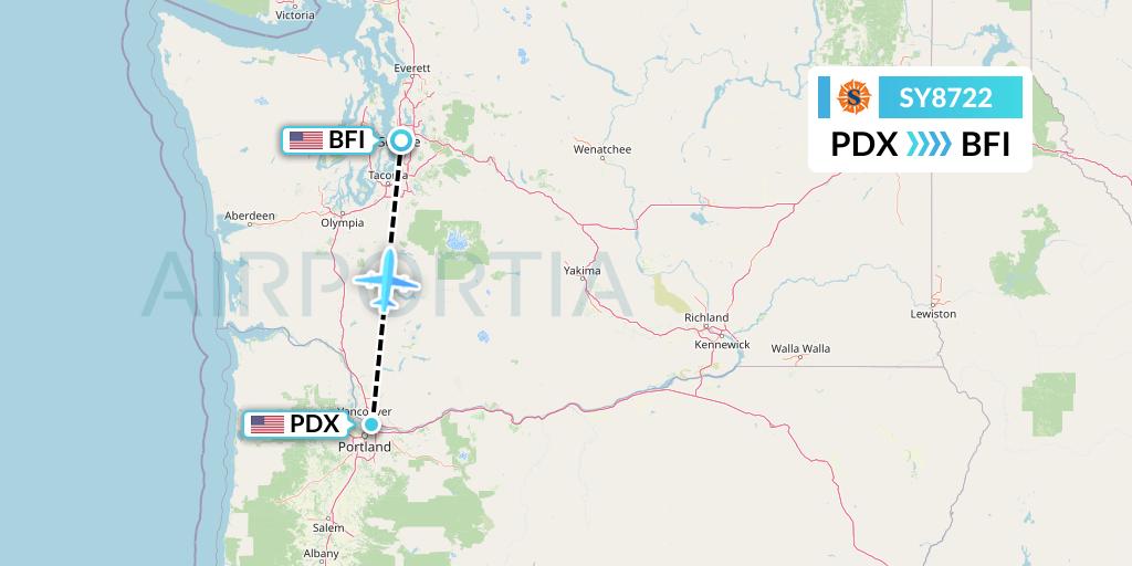 SY8722 Sun Country Airlines Flight Map: Portland to Seattle