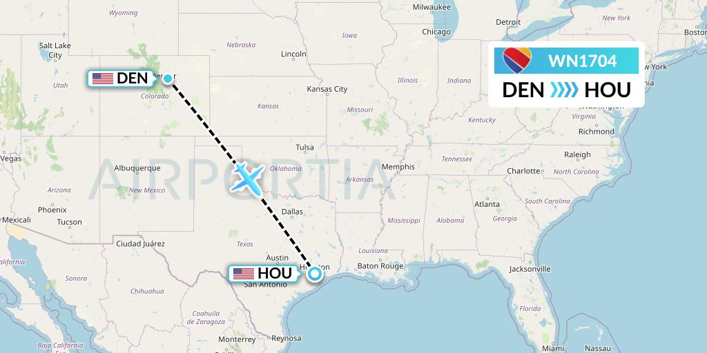 WN1704 Southwest Airlines Flight Map: Denver to Houston