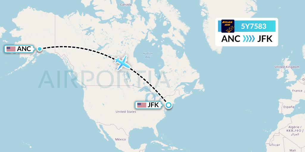 5Y7583 Atlas Air Flight Map: Anchorage to New York