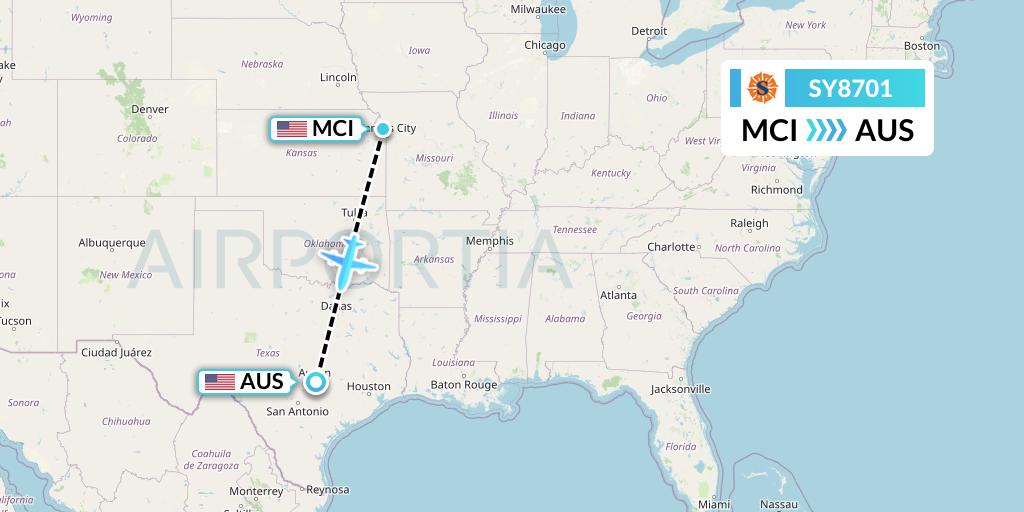SY8701 Sun Country Airlines Flight Map: Kansas City to Austin