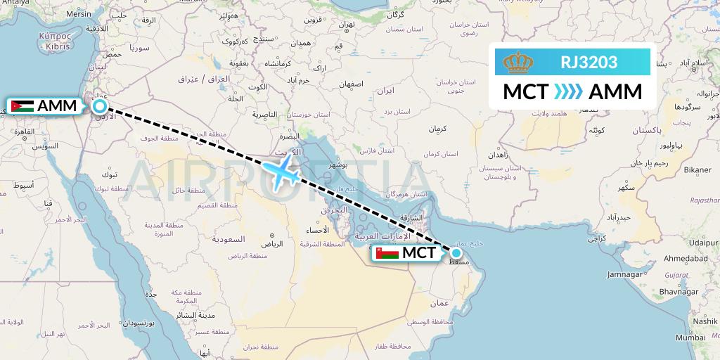 RJ3203 Royal Jordanian Flight Map: Muscat to Amman
