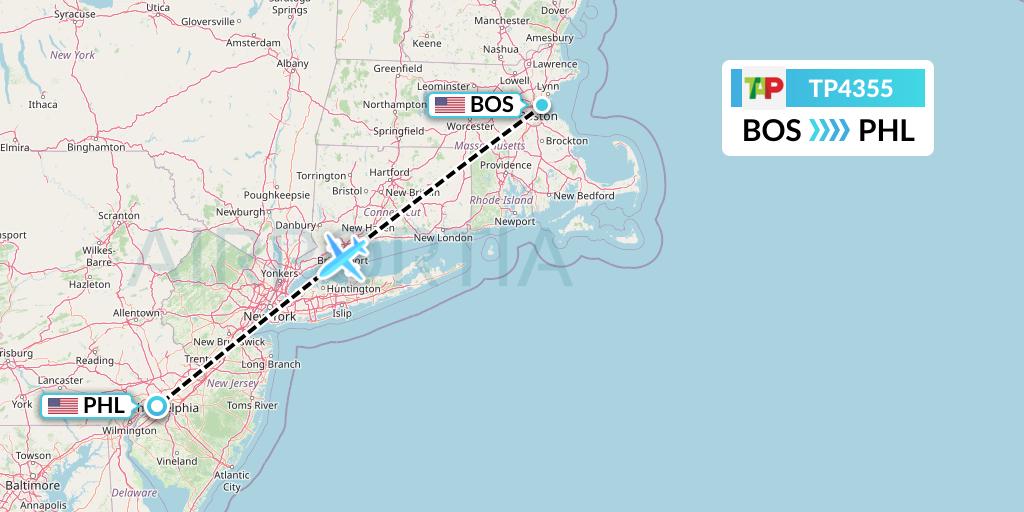 TP4355 TAP Portugal Flight Map: Boston to Philadelphia